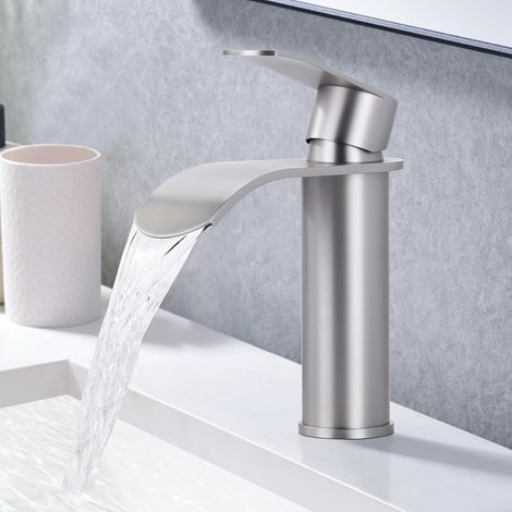 Bathroom Faucet, Stainless Steel Bathroom Faucet, Single Handle Sink Mixer Tap, Waterfall Spout Low Noise for Bathrooms, Brushed Nickel (1/5)