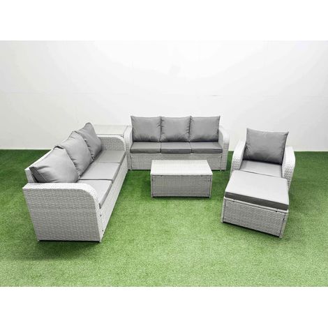 Fimous 8 Seater Poly Rattan Outdoor Garden Furniture Sofa Set Patio 3 Seater Sofa Reclining Chair 3 Seater Sofa Big Footstool Side Table Light Grey (1/4)