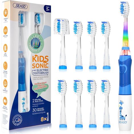 Brosse à dents pour enfants avec lumière colorée et 8 têtes de extra douces, minuterie de 2 minutes, convient aux enfants de plus de 3 ans SG977 (Bleu) (1/5)