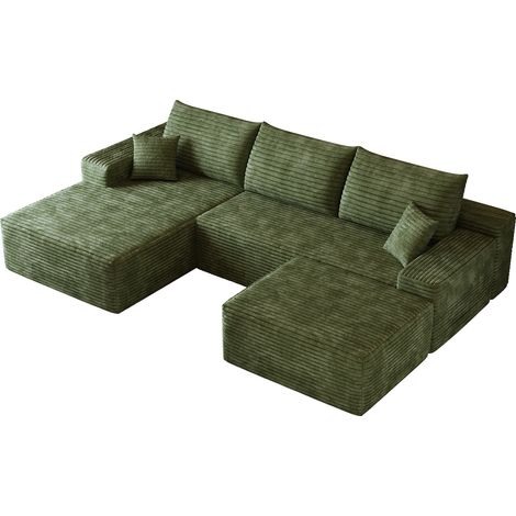 Canapé d'angle modulaire 270 cm avec chaise longue en L en velours côtelé rayé vert (1/5)