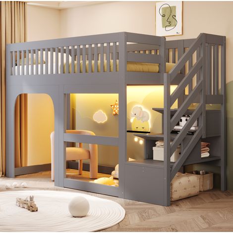 Kinder-Hochbett 90x200 cm aus Holz in Grau mit Stauraum, platzsparend – MEUBLIV (1/5)