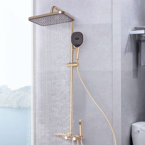 Sistema doccia con termostato, con doccia pioggia 32x22cm, doccia a mano, bidet, rubinetteria vasca, colonna doccia regolabile, supporto parete, valvola termostatica ottone (1/5)