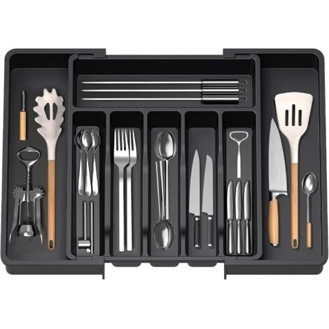 Range couverts extensible 33-57 cm – Organisateur de tiroir réglable en PP sans BPA – 8 compartiments – Rangement compact pour cuisine (1/5)