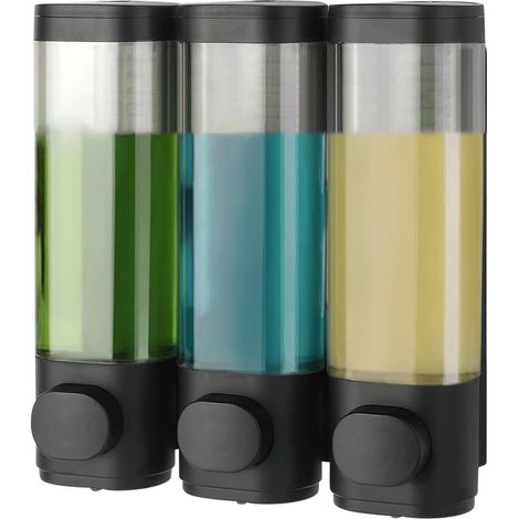 Dispenser Para Gel De Ducha - 3 En 1 - 300 Ml Por Compartimento - Montaje Adhesivo Sin Perforar - Dosificación Controlada Y Sin Goteras - Transparente - Negro (1/5)