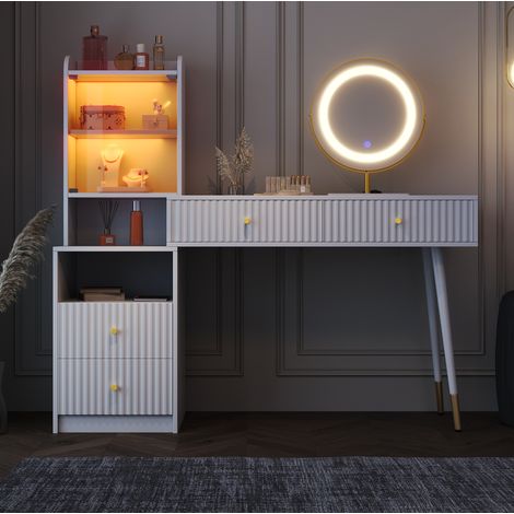 Tocador de aglomerado blanco con espejo LED, 4 cajones y vitrina iluminada (1/5)