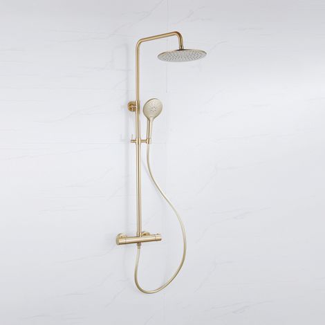 FugaFlow Eccelente Ensemble de douche de tête - thermostatique - douche de tête 30cm - flexible lisse - douchette ronde - Laiton brossé PVD (Or)