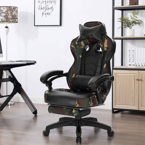 WOLTU Gaming Stuhl, Ergonomischer Computerstuhl mit Lendenkissen, Höhenverstellbarer Drehstuhl, Bürostuhl mit Fußstütze & Große Rückenlehne & Sitzfläche, Gaming Chair aus Kunstleder, Camouflage (1/4)