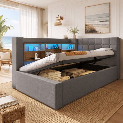 Letto contenitore 90x190 cm con LED, sollevamento idraulico, testiera a L, grigio OKMYHOME (1/5)