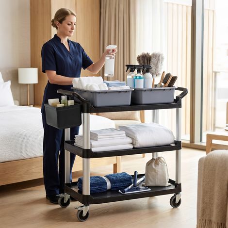 Chariot de nettoyage professionnel à 3 étagères avec 2 bacs amovibles, poubelle latérale et 4 roues, noir (1/5)