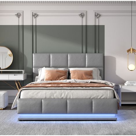 DESVIAE Lit double rembourré avec LED et coffre de rangement hydraulique 140 x 200 cm gris similicuir avec sommier à lattes (1/5)