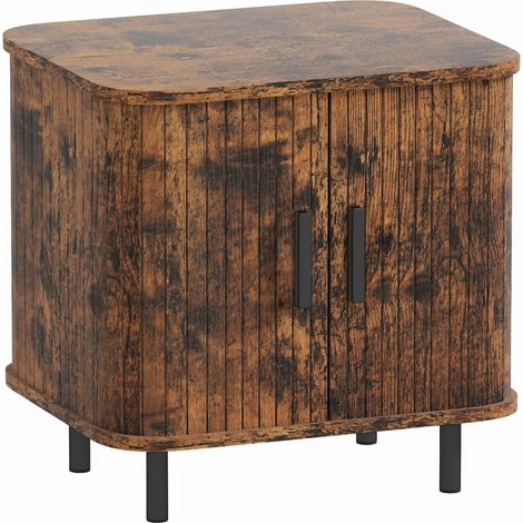 Bedside Table, Nordic Side Table with Roller Shutter Style Sliding Doors and Metal Legs for Bedroom, Living Room, Rustic Brown