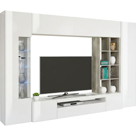 Dmora Élément mural de salon, Made in Italy, avec lumière LED bleue, base de meuble TV et éléments hauts et étagères, Ensemble de salon moderne, 290x40h192 cm, Couleur blanc brillant et ciment, avec e