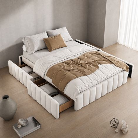 Lit avec tiroirs 140x200 en velours beige HAVRYA (1/5)