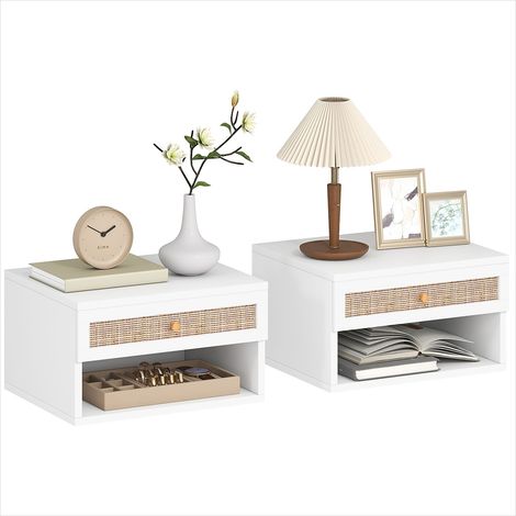 Ensemble de 2 tables de chevet suspendues en panneau de particules, blanc et bois naturel, 40 x 34 x 23 cm, avec tiroir et niche (1/5)