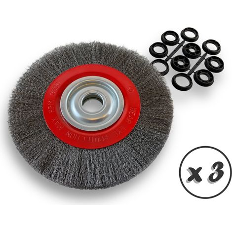 Lot de 3 brosses circulaires ACIER Ø 250 mm Epaisseur 2 rangs Fil souple 0.20 mm ondulé Alésage 32 mm + réducteur bague 25/22/20/16/12 mm Touret affûteuse ponceuse Kibros 231252AVx3