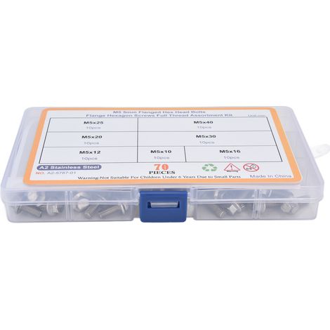 Kit 70 pièces boulons M5 tête hexagonale creuse à embase, vis inoxydable acier inoxydable, assortiment fixations, écrous et rondelles, visserie polyvalente pour bricolage. (1/5)