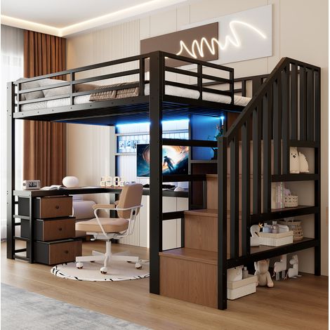 Cama alta 90 x 200 cm de metal y MDF, con escritorio, almacenaje, LED, negro (1/5)