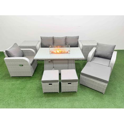 Fimous PE Rattan Garden Furniture Set Reclining Chair Sofa Lounge Sofa Set Firepit Dining Table 2 Side Table 3 Stools Light Grey (1/4)