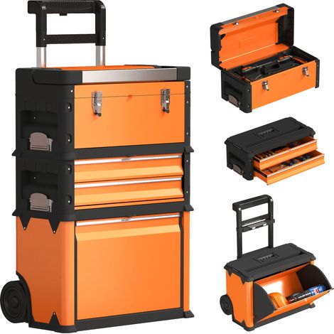 HOMCOM 3-Tier Tool Box with Wheels, Stackable Steel Toolbox, Orange (1/5)