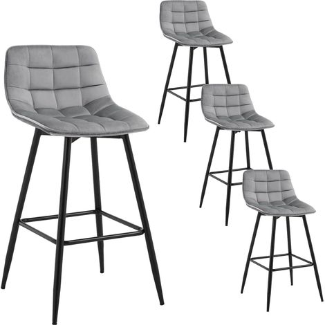 WOLTU Juego de 4 taburetes de bar con reposapiés, taburete de bar/bistró, asiento de terciopelo, patas de metal, gris claro