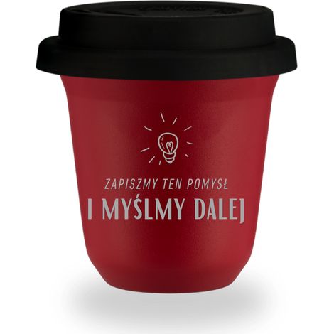 150 ml ROTER Becher mit der Aufschrift „Schreiben wir diese Idee auf und denken wir weiter darüber nach“ und schwarzem Deckel