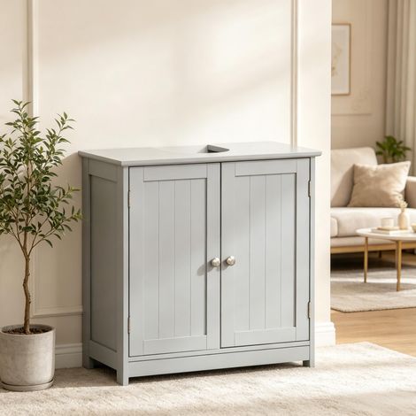Meuble vasque de salle de bain gris moderne en forme de U avec étagère réglable et rangement pour lavabo (1/5)