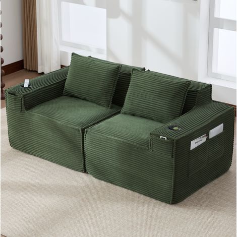 Divano modulabile 2 posti 188x90x75 cm in tessuto a coste verde, tasche, soggiorno FloraGrace (1/5)