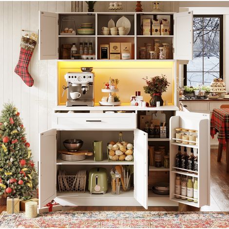 Credenza cucina alta 110 x 38 x 180 cm con LED, prese e 5 ante bianca DESVIAE (1/5)