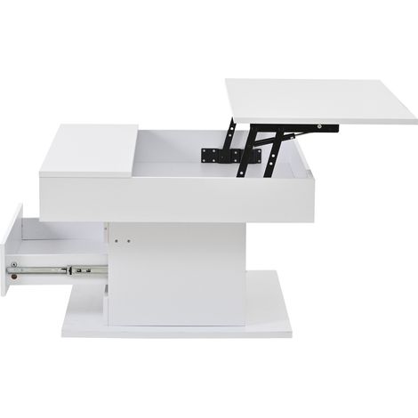 Table basse carrée 70 x 70 x 45 cm avec plateau relevable et pivotant 360°, 1 tiroir, finition laquée blanche (1/5)