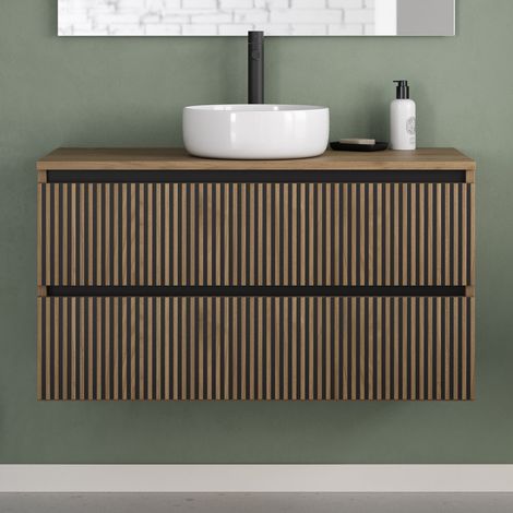 Meuble de salle de bain 100cm avec plateau et vasque à poser ronde - 2 tiroirs - sans miroir - noyer (bois foncé) - VENERIA