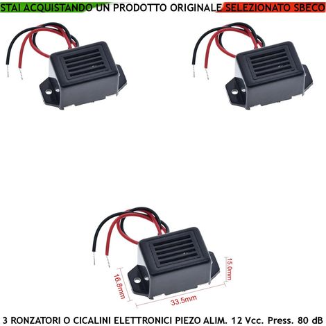 Cicalino Piezo 3 Pezzi Alimentazione 12 Vdc Assorbimento 35 mA 75 dB ad un Metro Frequenza 400±100 Hz Beep Mononota Segnala Anomalia o Avviso di Intervento Chiamata Soccorso Contenitore Plastico ABS (1/2)
