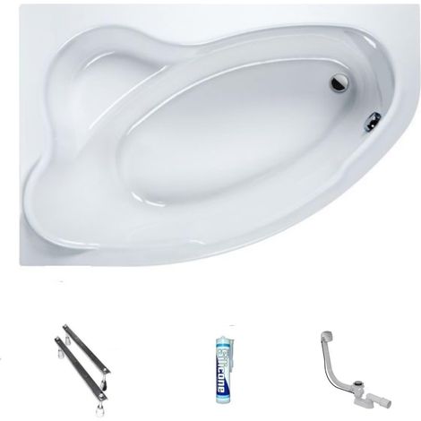 ECOLAM Baignoire d'angle Comfort acrylique blanc 140x100 cm gauche + bonde vidange et trop-plein automatique pieds + silicone Set complet (1/5)