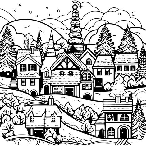 Tableau sur toile à colorier village 30x30 cm - Impression sur Toile Murale Décorative - Image imprimée en HD sur Toile - Toile sur Châssis en Bois FSC - Fabriqué en France (1/4)