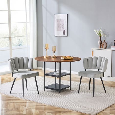 Ensemble table ronde aspect noyer 107cm double rangement + 2 chaises tissu gris clair dossier fleur meuble repas compact petit appartement (1/5)