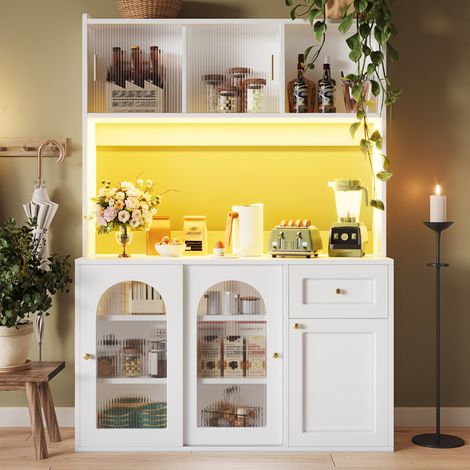 Aparador 120/35/167 cm blanco con LED, puertas correderas de vidrio y estantes regulables (1/5)