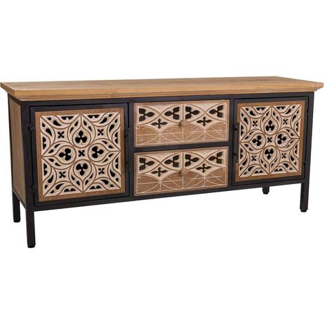 buffet artisanal en bois coloré avec portes et tiroirs sculptés - bois naturel sculpté et noir mat (1/4)