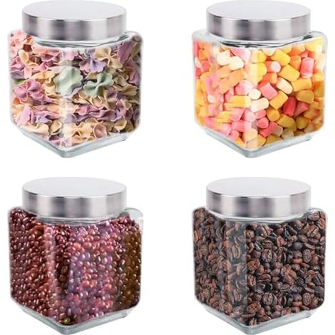 Lot de 4 bocaux carrés en verre avec couvercles en métal transparent à large ouverture pour avoine, café, bonbons, cuisine et salle de bain 1 048,9 g (1/5)