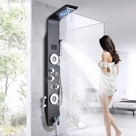 Suguword – Colonne de douche hydromassante LED 6 fonctions – Pommeau pluie – Bec baignoire – Acier inoxydable 304 – Tuyau anti-explosion