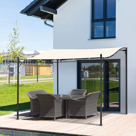 Pergola tonnelle de jardin auvent 3 x 3 m adossable métal gris polyester imperméabilisé anti-UV crème