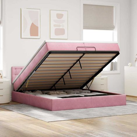Estructura de cama otomana colchones terciopelo rosa 200x200cm (1/5)