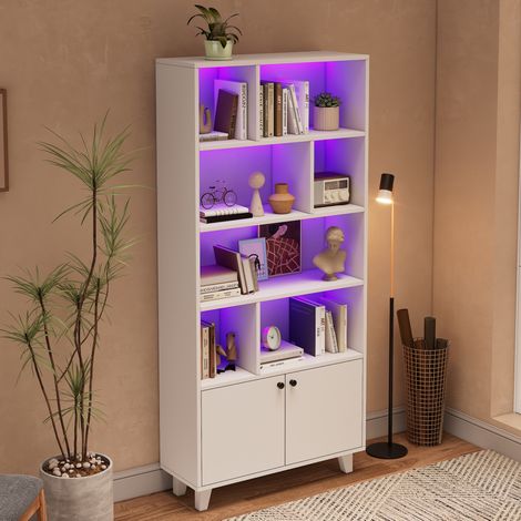 Librería (80x30x173 cm) con luces LED, dos puertas, MDF y madera maciza, blanca (1/5)
