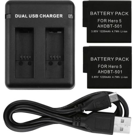 ®cBOX Pack 2 Batteries 1220 mah + Chargeur en double slot pour GOPRO Hero Black 5 6 7 8 (1/4)