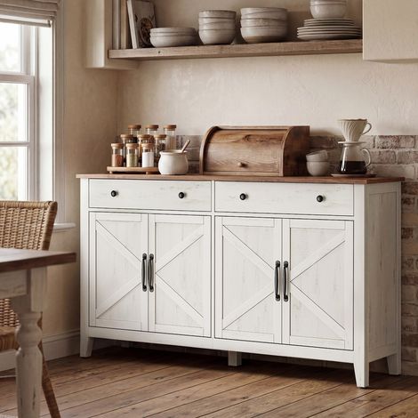 Commode avec Étagère réglable, Buffet de Style Campagne, Armoire de Rangement pour Salon Salle à Manger, Blanc et Marron (1/5)