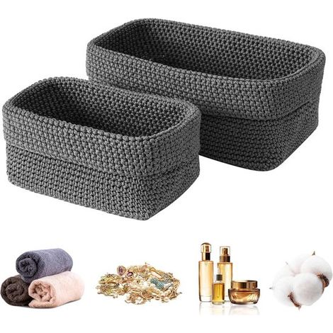 Paniers de rangement gris (lot de 2) - Paniers tressés - Pliables et portables - Paniers de bureau - Conviennent pour la cuisine, le salon, la chambre et la salle de bain - Gris (1/5)