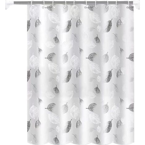 Rideau de Douche 180x200cm Gris Anti Moisissure Blanc la Feuille Lavable Rideau avec 12 Crochets à Rideaux (1/4)