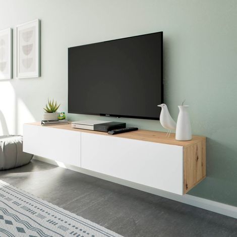 Mueble Tv Suspendido de Salón Comedor Kaway 2 Puertas Abatibles Color Roble Nodi y Blanco Artik 35x180x28 cm (1/10)