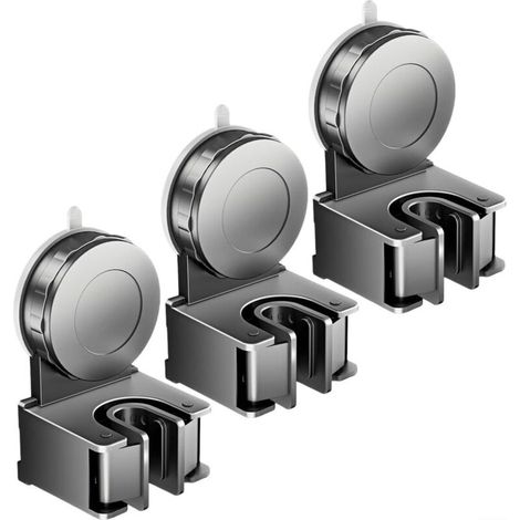 Set of 3 suction cup wall mounts for brooms and mops, black ABS + rubber clamp for kitchen, bathroom, garage (1/5)