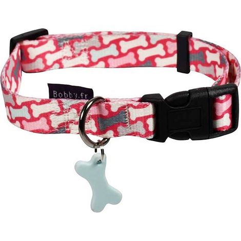 Collare rosa 1 x 18-28 cm: Collare in nylon rosa decorazioni a forma di osso modello Rio per cani