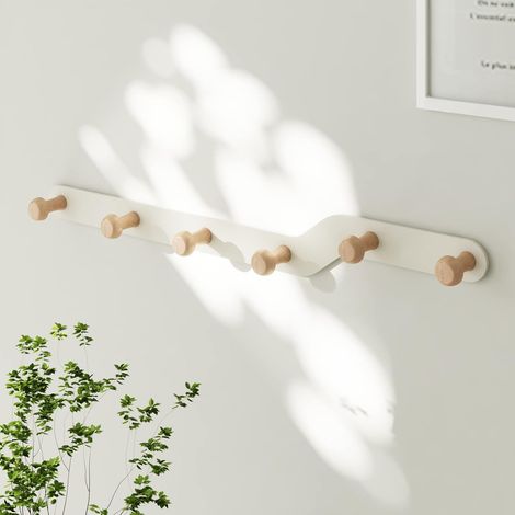 Patère Murale Blanche Sans Perçage à 6 Crochets en Bois 43cm (1/5)
