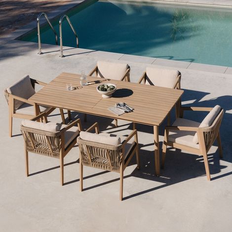 Set da tavolo rettangolare 180x90 cm e 6 sedie da giardino in legno di acacia e corda intrecciata Kaela SKLUM (1/5)